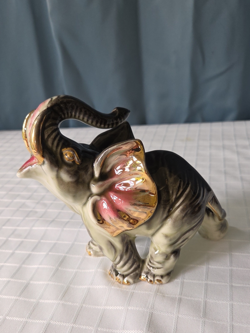 Ceramic Elephant Figurine with Pink and Gold Accents - Home Art